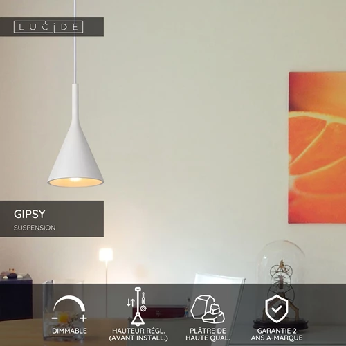 Lucide GIPSY - Suspension - Ø 16,5 cm - 1xE27 - Blanc - USP